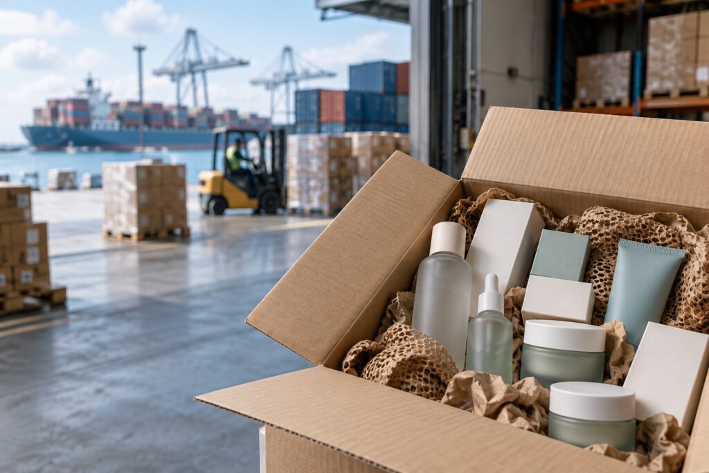 Illustrative cosmetics bottles protected in an export carton at a freight warehouse