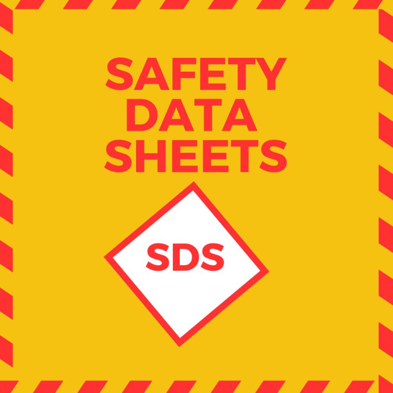 A yellow warning graphic with the bold red text "SAFETY DATA SHEETS" above a white diamond containing the red letters "SDS," bordered by red and yellow hazard stripes.