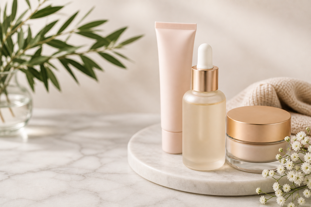 A collection of pastel-colored skincare products, including a tube, dropper bottle, and jar with gold lids, arranged on a white marble surface.