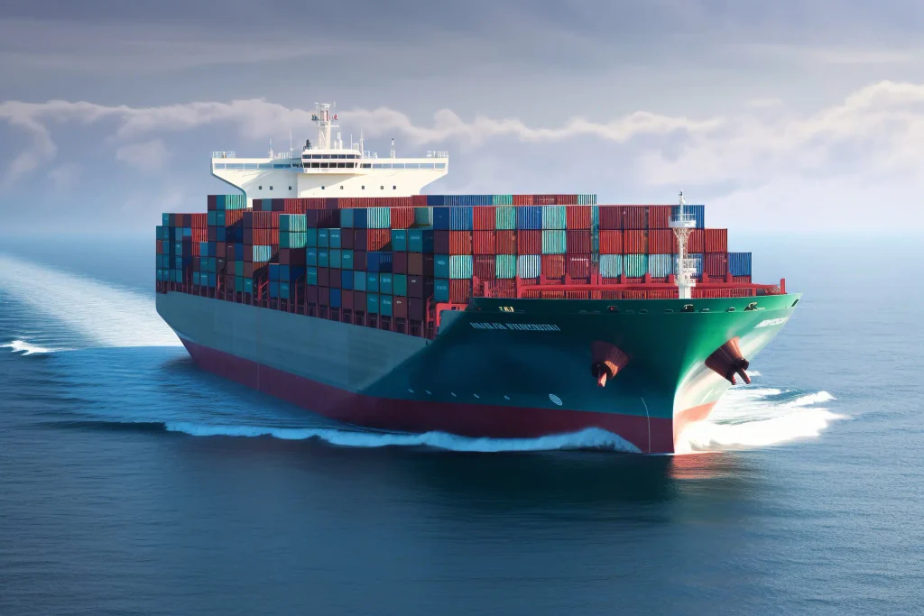 A large green container ship fully loaded with colorful shipping containers sailing on the ocean under a cloudy sky.