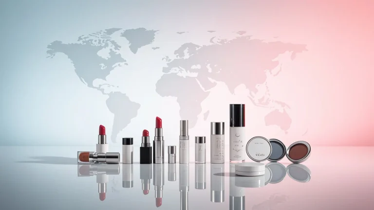 A collection of skincare and makeup products, including lipsticks, serums, and compacts, displayed in front of a faded world map on a gradient background.