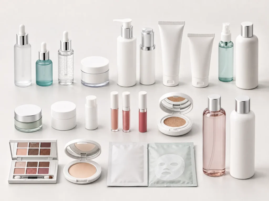 A collection of various cosmetic products, including serum bottles, pump dispensers, tubes, jars, lip glosses, a compact, an eyeshadow palette, and sheet masks, arranged on a white surface.