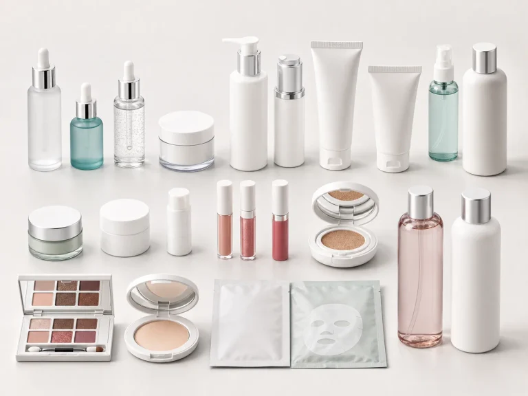A collection of various cosmetic products, including serum bottles, pump dispensers, tubes, jars, lip glosses, a compact, an eyeshadow palette, and sheet masks, arranged on a white surface.